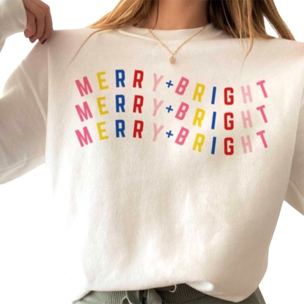 Merry and Bright Holiday Sweatshirt White Pink Size Small NWT